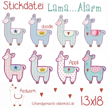 Stickdatei Lama Alarm  doodle, Appliaktionen, redwork 13x18