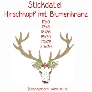 Stickdatei Hirschkopf mit Blumenkranz