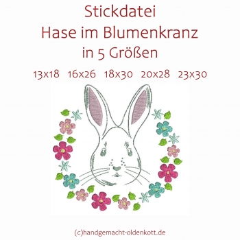 Stickdatei Hase im Blumenkranz in 5 Gren