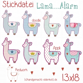 Stickdatei Lama Alarm  doodle, Appliaktionen, redwork 13x18